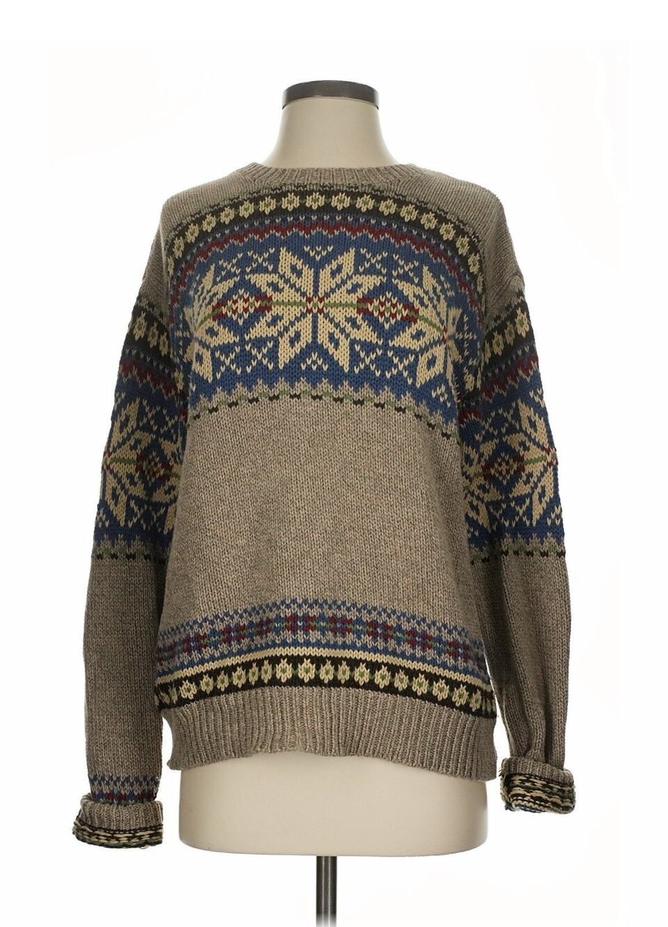 VTG Polo Ralph Lauren Sweater Beige Snowflake Nordic Knit Apres Ski Pullover S
